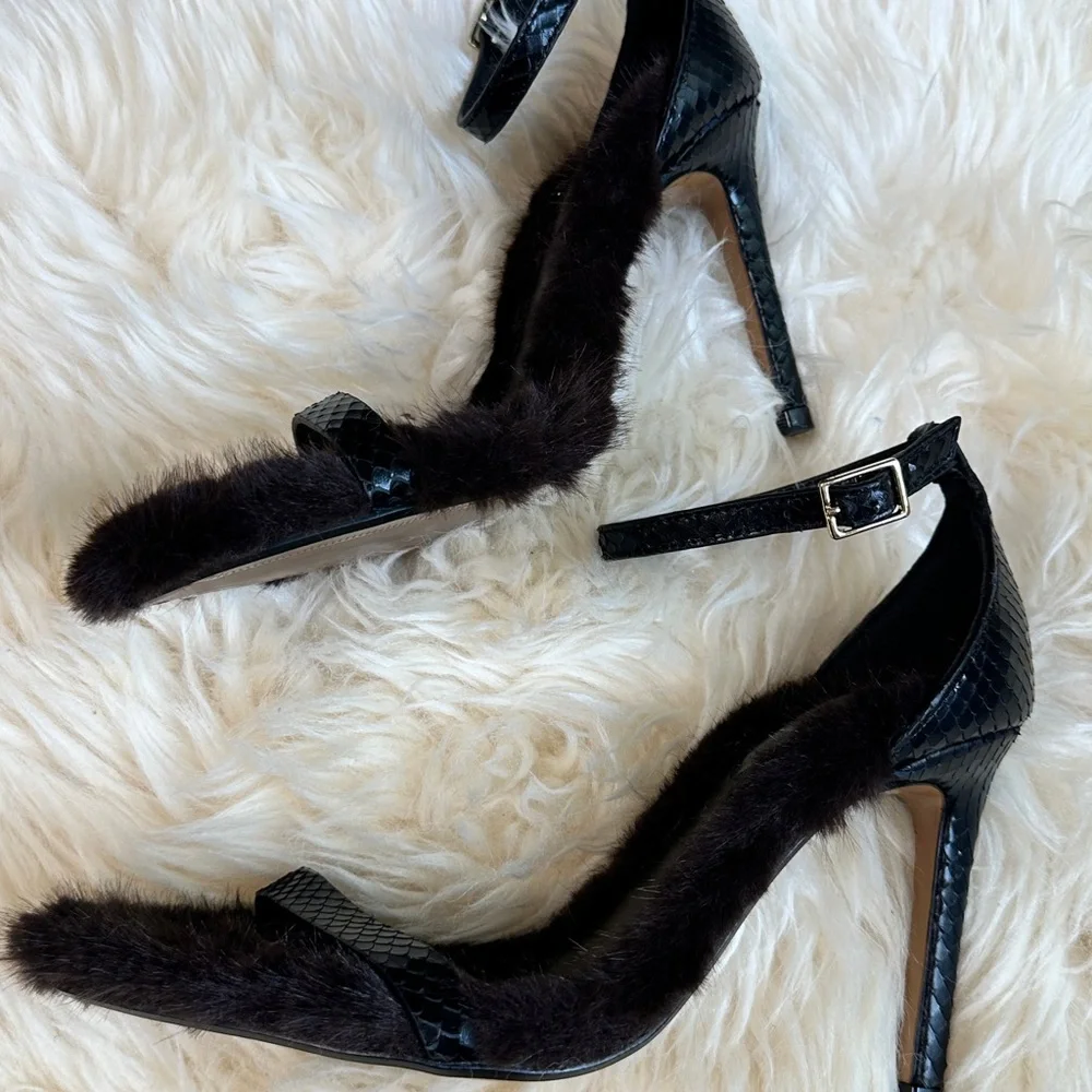 Zara Black and Brown Fur-Trimmed Sandals